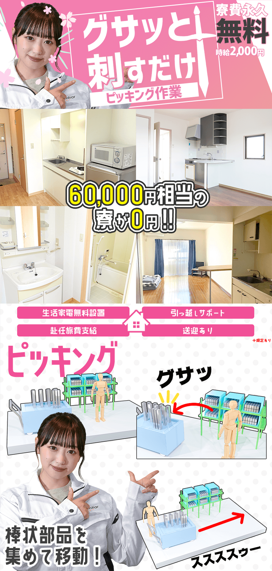 選べる条件①時給2,000円+寮費無料②時給2,200円<カンタンなピッキング作業>即入寮OK/履歴書不要