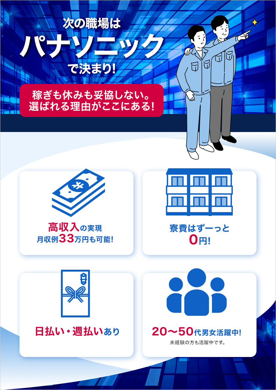 ☆月収例33万円以上☆パナソニック工場で働こう◎男性活躍中！