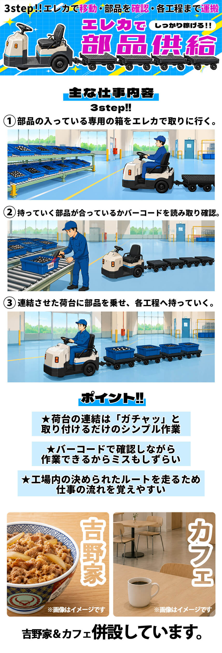 ★社内に吉野家＆カフェ併設★エレカでの運搬作業3ステップ！！ 移動・確認・運搬♪